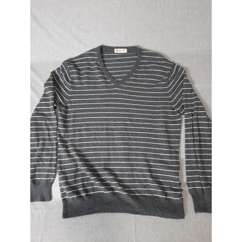 J. Crew Men's Large Stripes White/Gray V-Neck Pull-Over Knit Stretch Sweater